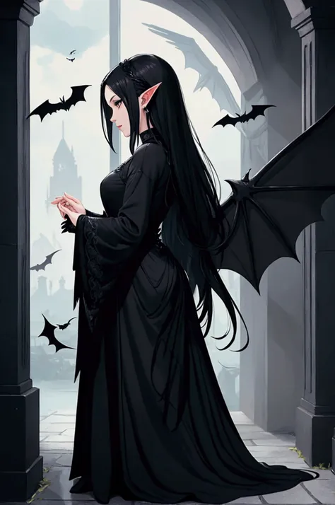 woman, Fada, illyrian principles, Black wings, Bat wings, pointed ears, black hair, black clothes, long sleeve clothing, big wings, Majestic wings 