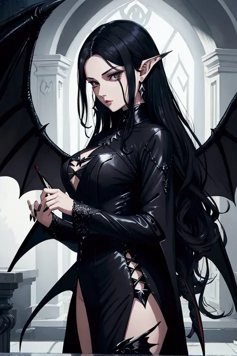 woman, Fada, illyrian principles, Black wings, Bat wings, pointed ears, black hair, black clothes, long sleeve clothing, big wings, Majestic wings 