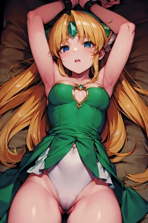 lease, Secret of Mana 3, Blonde, In the torture chamber,  lie on a bed and be crucified,  in the pub, Raise both hands above your head,  Crying face, Small breasts, Bound with big black handcuffs ,  open their crotches