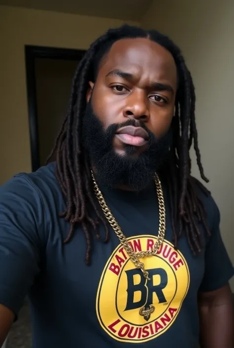 Kevin gates with full beard that frames his face, long length wick dreadlocs, wearing a baton rouge Louisiana T shirt taking a selfie cold expression on face 4k ultra realistic photo high quality 