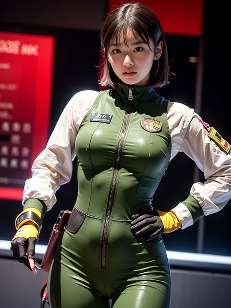 ((Best Quality,8k,超 High Resolution ,masterpiece: 1.3)), ((Best Quality)), Realistic,  Transparent , Realistic,  High Resolution , Brave Japanese girl, Combat pose,   and look at the camera, (Detailed face), short hair, (Wear a khaki rubber suit ,  tactica...