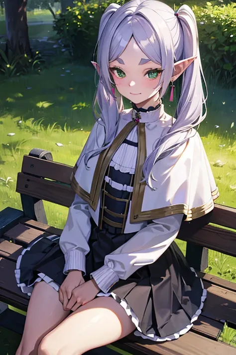 Medieval tranquil park, lawn,　bench,　squirt,

 High Resolution ,Sharp focus,(Super detailed, very detailed),( very detailed CG unity 8k wallpaper),((( bright colors))),{best illustration}, (Detailed body),(Detailed face)),freeze, 1girl,Alone,elf,white hair...