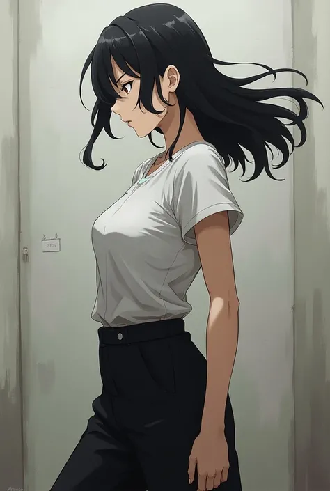 A female anime character , with the features of Jujutsu Kaisen , with 1,92 inches tall, white skin, medium black hair , Athletic body, common face,  wearing a white shirt with black pants and posing as a Wrestler.