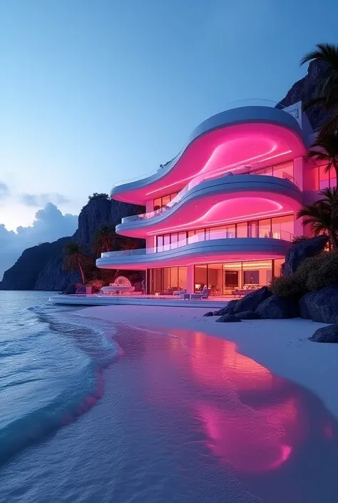 Beautiful futuristic mansion idea with pink LED facing the beach 