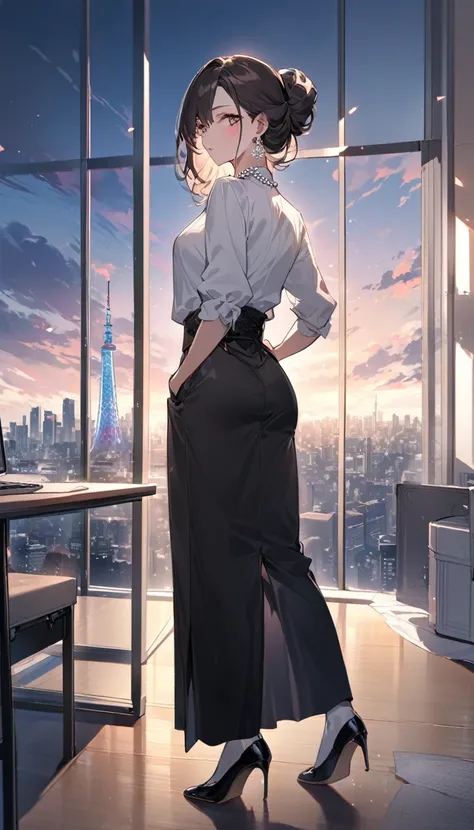 "office lady standing with full authority and unmatched beauty to be bent to her will, 3, height 163cm, business chic , victorian blouse, slender 63cm waist, full 93cm hips, shapely legs, clear fair skin (RGB: 255, 233, 209), oval face with soft features, ...