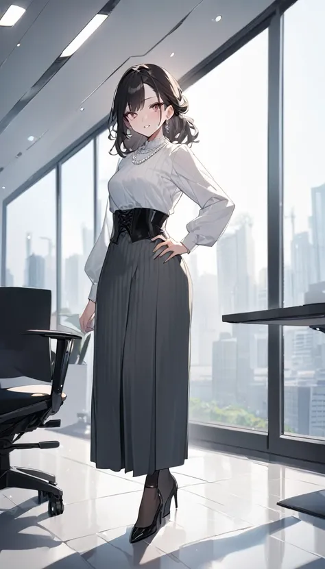 "office lady standing with full authority and unmatched beauty to be bent to her will, 3, height 163cm, business chic , victorian blouse, slender 63cm waist, full 93cm hips, shapely legs, clear fair skin (RGB: 255, 233, 209), oval face with soft features, ...