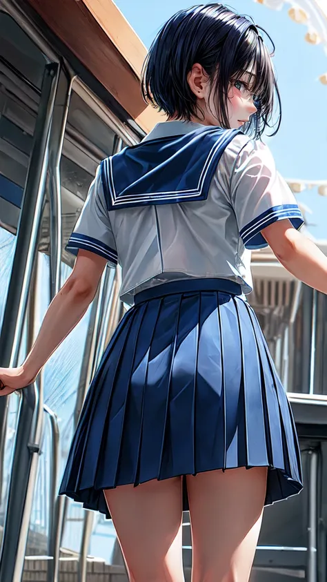 masterpiece,  best quality,  High Resolution , YM1, Blue sailor collar,   blue skirt  , Short sleeve,  white shirt, White socks, Seraph,  pleated skirt,   School Uniforms , Blue neckerchief, from behind, amusement park,