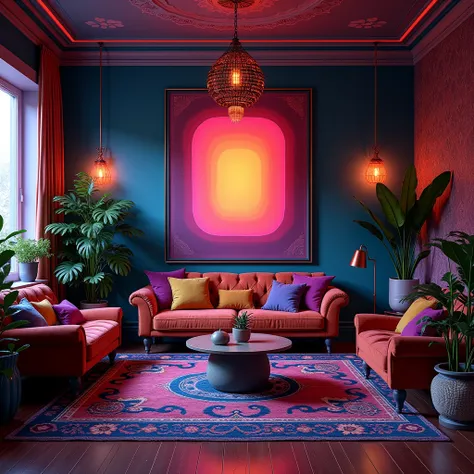 A vibrant, psychedelic-themed living room with bold, saturated colors and modern furniture. The main wall, professionally lit from the front without visible light sources, features a large, empty canvas in the center, framed by dark tones. The room is ador...