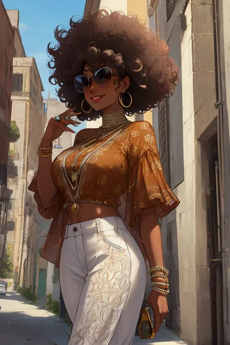 Brown woman with afro perm , is looking at this with her sunglasses off,smile,Ring Earrings,Hip Hop Fashion