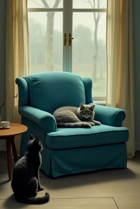 Tableau à la maniere de edward hopper avec un chat persan gris couché en rond sur un fauteuil bleu turquoise à coté d’une fenetre et un chat noir assis par terre le regardant et une table
