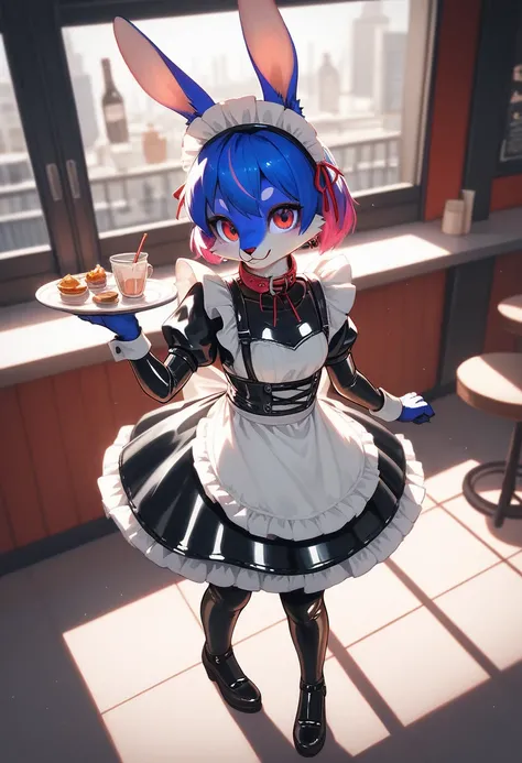 repay, repay,     high quality illustration  , masterpiece,  super high definition,    detailed background , Cafe,  absurd,  Perfect Anatomy, Good lighting, Shadows in the movies(kemono, Furry Personifi猫ion), rabbit, pink rubber maid outfit, Latex maid out...