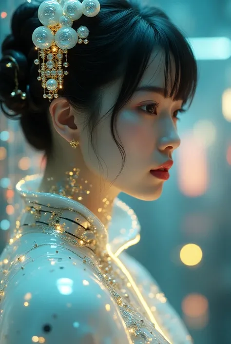 A photograph of mid-twenties Japanese female android made of shiny white and silver translucent glass and plastic, geisha makeup and hairstyle, silver metal internal body mechanisms, dynamic pose, flowing organic construction, glowing golden circuitry, col...