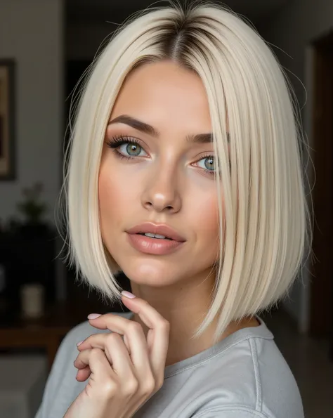 Nexia is a Beautiful young woman with short platinum bob straight hair, hazel eye, eyeliner, mascara, perfect brightly lips, long neck, thin body, long legs.solo,
Three-quarter view, showing more of the body (from head to mid-leg), One hand partially visib...