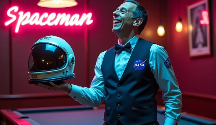 crazy spaceman wearing waiscoat and shirt, bow tie holding his NASA space helmet in front of a billiard table, neon sign SPACEMAN, smiling