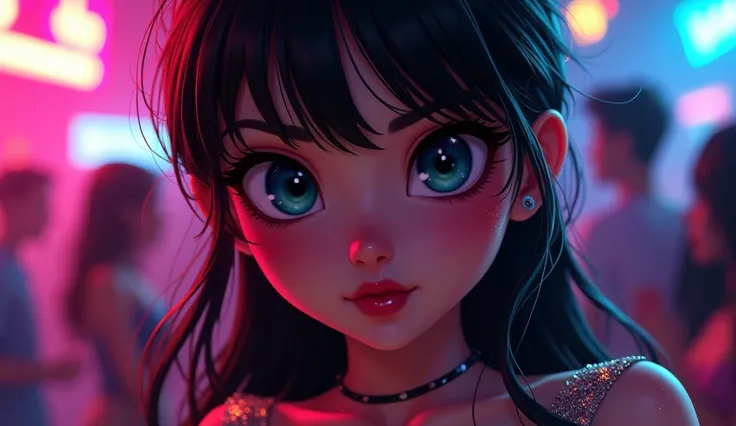 Animated girl face close up. She’s at a night club