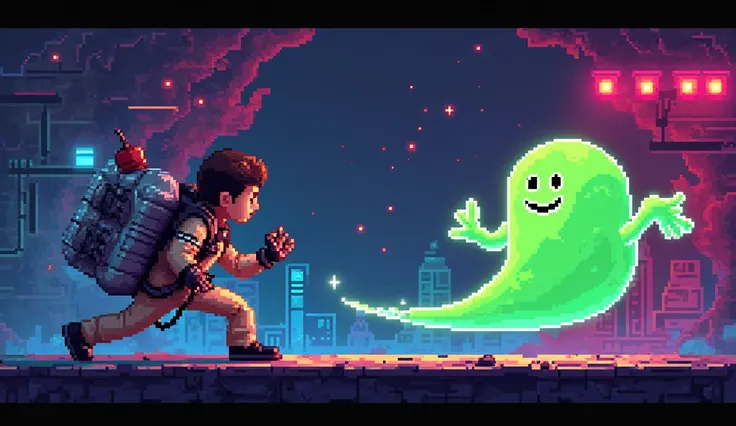 8bit pixel art retro game, ghostbusters, 2d platform arcade game, pixel character, pixel environment, dynamic action pose, flying pixel green ghost, dramatic lighting, vibrant colors, neon color palette, pixel texture, poor quality