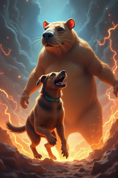 A capybara fighting a pinscher with the greatest power in the universe 