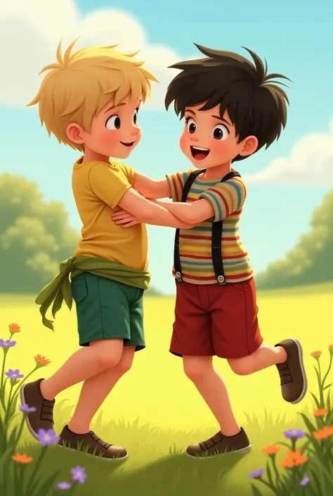 two boys  , first boy: blond, in a yellow T-shirt,  marsh green shorts wrapped to the hips, The Second Boy:  bar with black hair ,  multicolored t-shirt ,  red shorts with black suspenders 