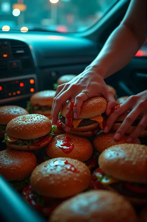 Images of hands smeared with hamburgers in the car with a blue or red hue