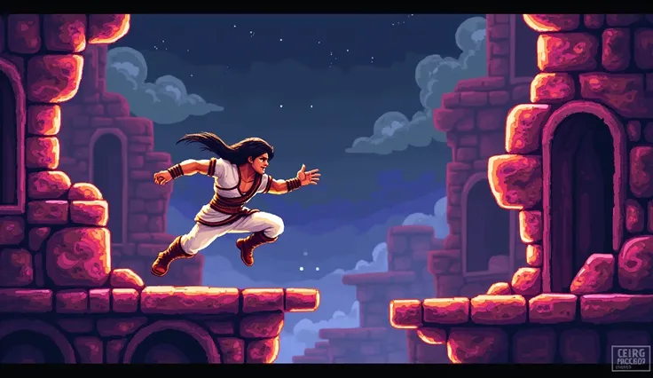 8bit pixel art retro game, prince of persia, white outfit, 2d platform arcade game, pixel character, pixel environment, dynamic action pose, dramatic lighting, vibrant colors, neon color palette, pixel texture, poor quality