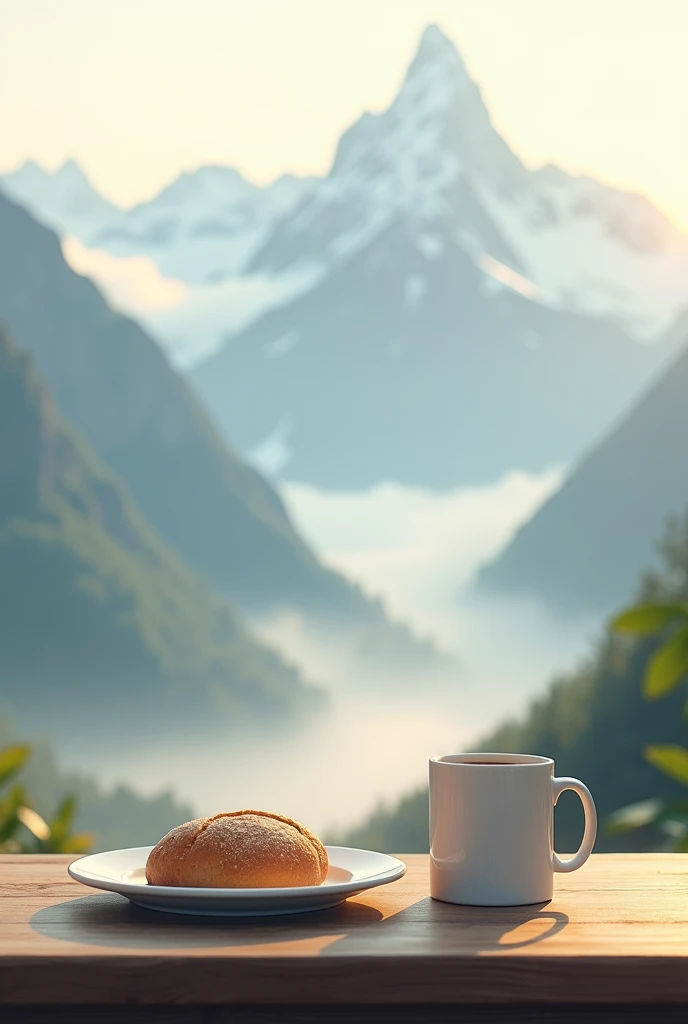 photo,Plate for bread,Coffee cup,Mountain background ,Sea of mist ,  morning light