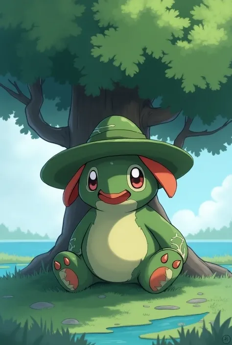  Lombrero sits relaxed under a large tree on the banks of a river with his hat crooked on his head .  rounded beak ,  two-legged and kappa-like Pokémon of mainly green color .  The mouth and some claws on hands and feet are colored red . Face, Ears, Arme, ...