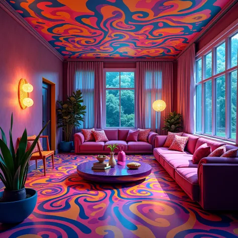 A vibrant, psychedelic-themed living room with bold, saturated colors and modern furniture.