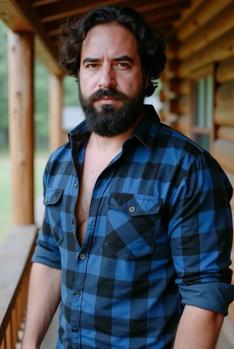 a white man, muscle shirt, 3, with defined beard, He wears a blue and black checkered lumberjack shirt that embraces his burly torso... It is located in a rustic environment., On the porch of a log cabin surrounded by pine trees.,  with the soft light of d...