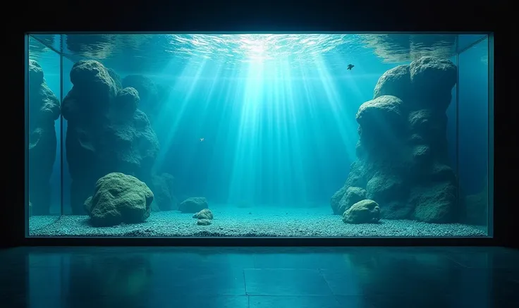 In a large rectangular fish tank，In the middle of the fish tank, there is a beautiful and atmospheric picture.（（（Domineering））） ，Font reflected on the sea，The whole picture is bright and clear. High-definition and ultra-high-definition are very spectacular...