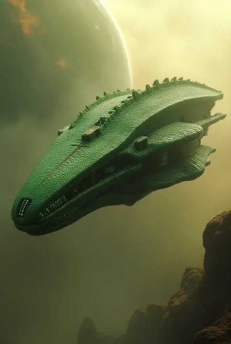 a highly detailed alien ufo with unusual reptile head shape, green scaly armored plating, intricate futuristic technology, flying through planet atmosphere, cinematic dramatic lighting, photorealistic, 8k, (best quality:1.2), (extremely detailed:1.3), (ult...