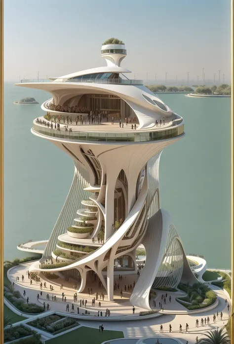 Building by Zaha Hadid, concrete and glass, windows, stripes, Realistic, people on walkways, gardens, green areas, people all around plaza, people walking, flawless, by syd mead