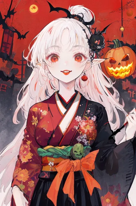 ((( best quality)), ((masterpiece)), (detailed), ( Japanese festival:1.3), one girl with fangs,Red eyes, white skin,Silver Hair, ponytail,Japanese red kimono,Black Hakama,Flower pattern,Skull ornament,Parted bangs,slightly pointred ears, bat hair ornaments...