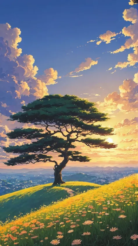 (Minimalism:1.4), Draw a simple Ghibli style art ," vast field !!!!  of flowers that extends along a hill The flowers are huge ,  with vibrant petals in a variety of colors ,  that rise above the landscape At the top of the hill is a majestic, ancient tree...