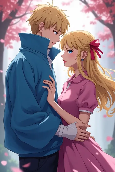 Vampires Anime Prince with short blonde hair wearing a Blue Massive popped collar polo with a collar so high its taller than his head with his girlfriend Princess Peach who is wearing a bright Pink polo and a skirt