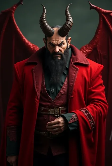 Photo, real, Satan,  in red coat ,  looking straight ahead. Stuntly  