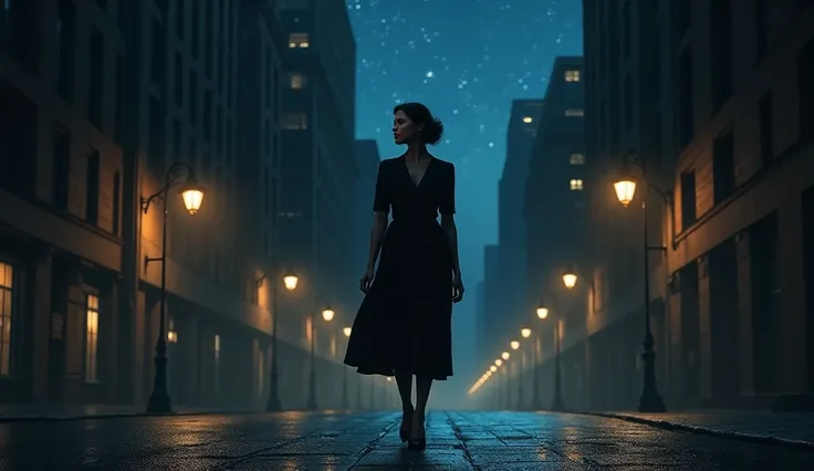 A woman walking thoughtfully on the street at night