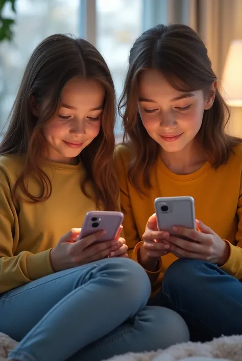 Two girls, one  and one pre 
Human teenagers playing on cell phones 

