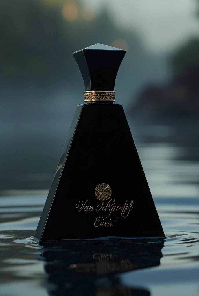 Spear-shaped black perfume bottle.
VAN KRISTOFF elixir engraving in gold .
Splash water .