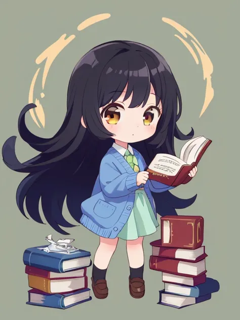 1girl, black hair, long hair, brown eye, blue cardigan, chibi, full body, book in one hand, green background,