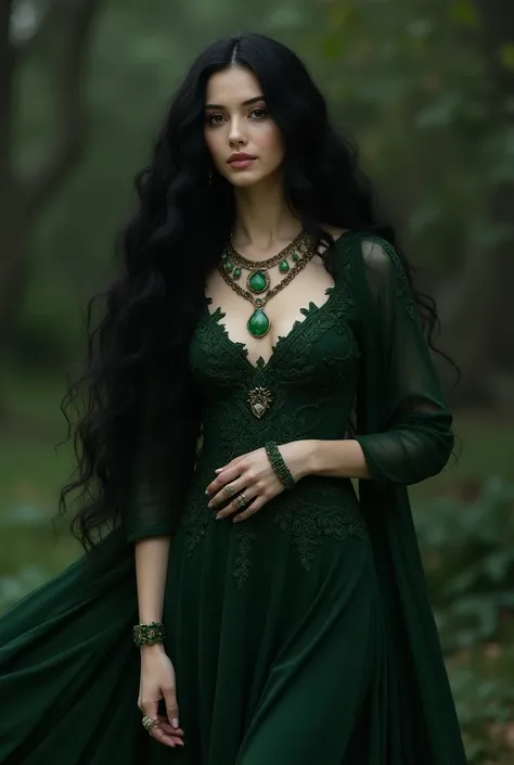 for, The Enchantress,  she is a fascinating and powerful figure . She has a striking presence,  with long black hair that falls into waves around her face . Your eyes are an intense green, almost hypnotizing,  that seem to shine with a deep and hidden know...