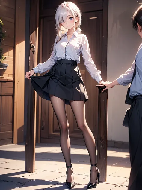 1girl, (masterpiece, best quality, highest quality, Full Body Shot, Including face:1.5), 4K, masterpiece, ((Focus on the face)),Beautiful woman, (Slender:1.5), ((High heels, black pantyhose, anklet)),(カフェクラーク,Take off skirt:1.8), (Long silver hair, ponytai...