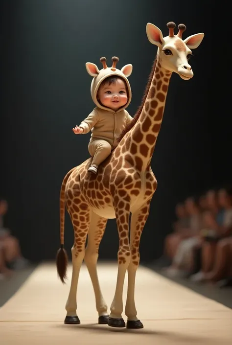 Baby dressed as a Giraffe : " Create a baby dressed as a giraffe ,  in a suit with a long neck and brown spots ,  riding a real giraffe .  The baby laughs happily as the giraffe walks gracefully down the runway,  with lighting that highlights the contrast ...