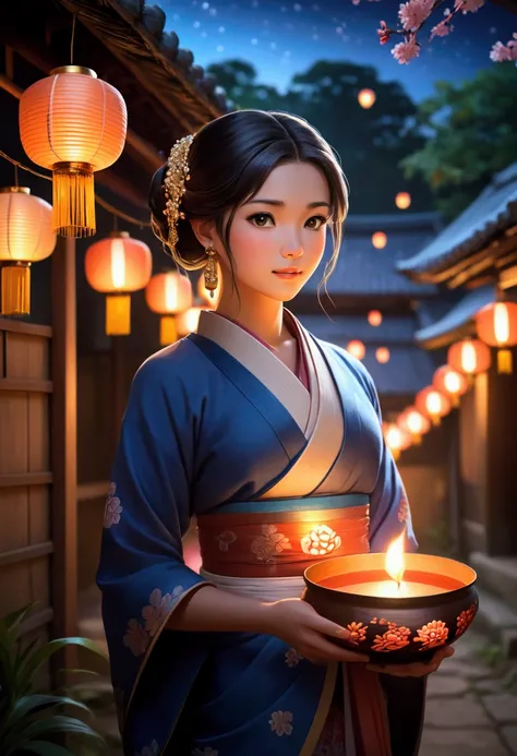 Create a serene night scene in a traditional village setting, illuminated by warm, glowing lanterns in an anime realistic style. A young woman stands in the foreground, holding a beautifully decorated bowl with a gentle flame. She wears elegant traditional...