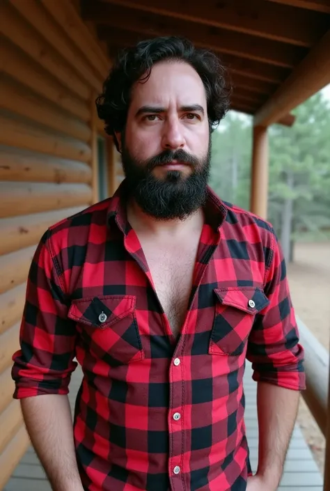 a white man, muscle shirt, 3, with defined beard, He wears a lumberjack shirt with red and black patterns that embraces his burly torso... It is located in a rustic environment., On the porch of a log cabin surrounded by pine trees., with the soft light of...