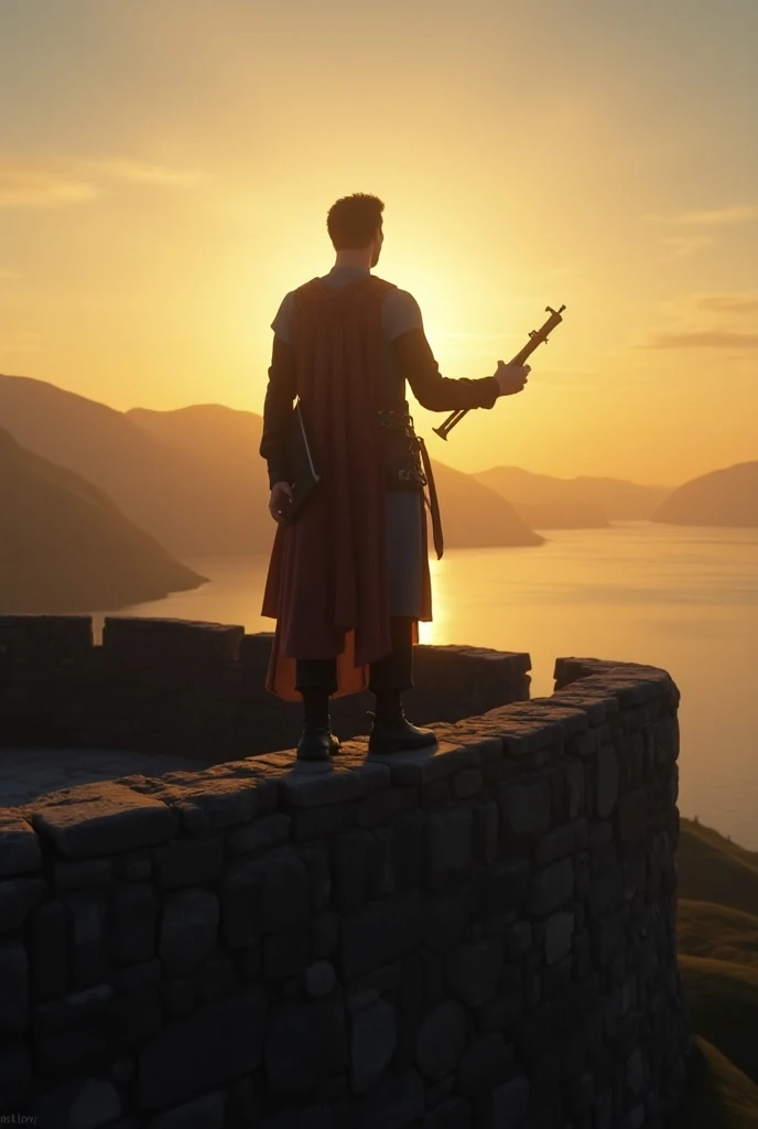  There is a man who is walking
 On top of the old wall he walks back and forth and stares intently at the first rays of Dawn,  the fortified wall is in front of dawn , In front of him there is a fjord ,  the sunrise is coming ,  is in a confident posture a...