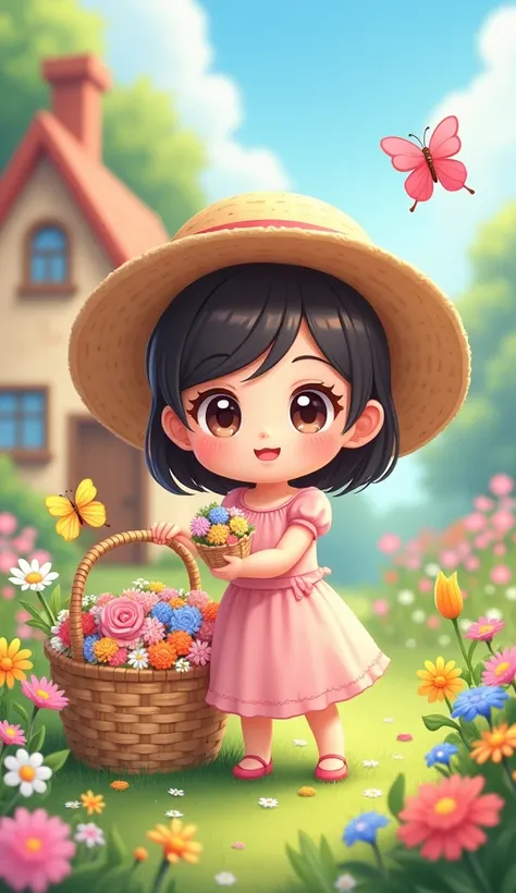  In the small garden next to the cottage ,  a cute chibi girl ,  with big round eyes and pink cheeks , having fun picking flowers .  She wore a pale pink dress and wore a straw hat larger than her head ,  looking lovely .  Her face beamed with a fresh smil...