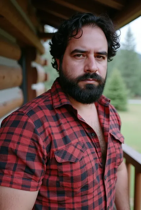 a white man, muscle shirt, 3, with defined beard, He wears a farmers shirt with red and black patterns that embraces his burly torso... It is located in a rustic environment., On the porch of a log cabin surrounded by pine trees.,  with the soft light of d...