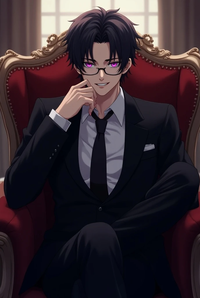 Mafia, black hair, purple eyes, very handsome.Anime sitting on a chair playboy crafty. wear suit. A bright smile that conceals mischief.The outside personality is that of a clear-eyed puppy. The true identity is a wolf.Use your finger to touch the corner o...