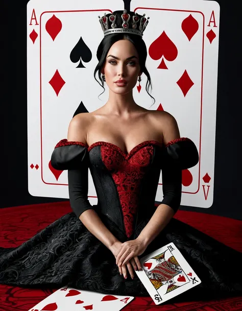 ((masterpiece)),((best quality)),((high detail)),((realistic,)) a woman megan fox with black hair in a bun, styled as the queen ...