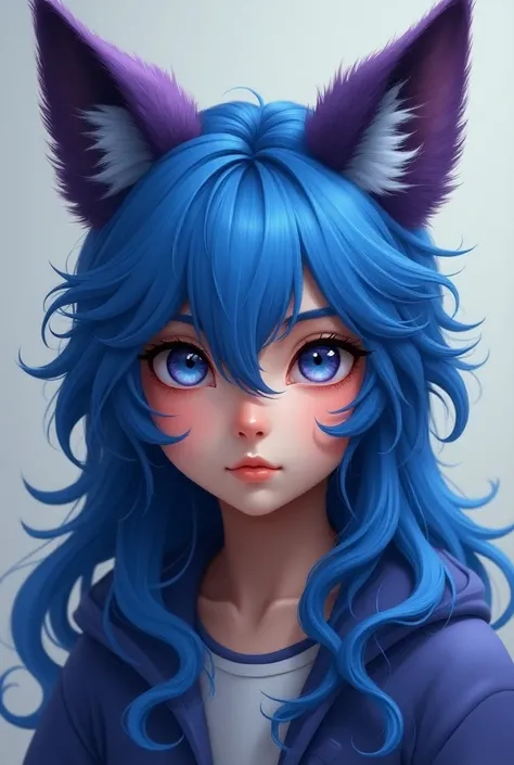 A  boy with long blue hair and fox ears  Her ears are not too big and not too small. Clarify the purple color 